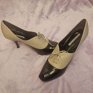 Via Spiga Black and Cream Lace-Up Heels